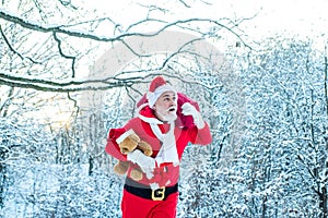 Santa Claus in red costume walk in winter forest. Santa Claus pulling huge bag of gifts on white nature background. Cold