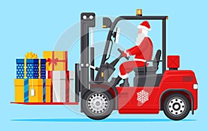 Santa Claus in Red Forklift Loaded with Gift Boxes