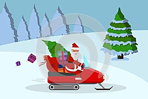 Santa Claus with red gift bag on the snowmobile in winter forest, cute cartoon vector illustration.