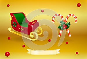 Santa Claus red golden color empty toy sleigh and striped cane candies with flying or falling holly barries on gold