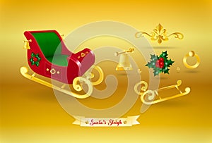 Santa Claus red golden color toy sleigh and its elements on gold gradient background. Christmas and New Year Realistic
