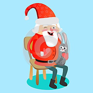 Santa claus in red hat with beard sits on chair with hare in hand which makes wish, magic fairy with golden wings helps