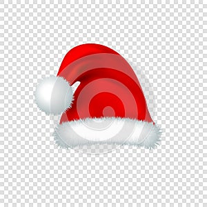 Santa Claus red hat isolated on transparent background. 3D Realistic vector illustration.