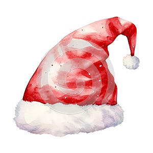 Santa Claus red hat. Watercolor illustration, isolated on white