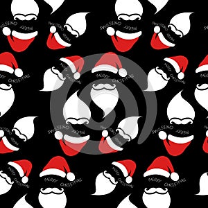 Santa Claus with red hat and white beard seamless texture pattern, Merry Christmas black background