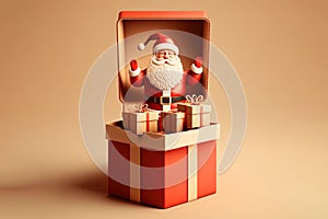 Santa claus with red open gift box empty, christmas tree isolated on beige background. website, poster or happiness cards, festive