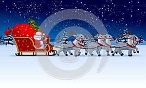 Santa Claus with a red sack with gifts and a Christmas tree sitting in a reindeer sleigh against a night winter landscape