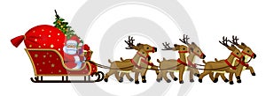 Santa Claus with a red sack with gifts and a Christmas tree sitting in a reindeer sleigh isolated on white