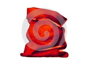 Santa Claus red sack of presents on white background isolated close up, Santa`s bag full of Christmas gifts, New Year presents