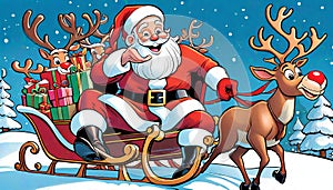 Santa Claus red sleigh happy rudolph presents snowing