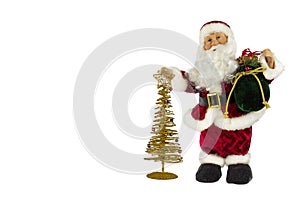 Santa Claus in a red suit and a big bag of gifts with a golden Christmas tree on a white background, place for text