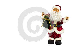 Santa Claus in a red suit and a large bag of gifts on a white background