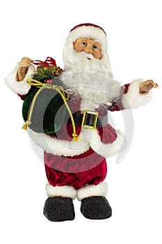 Santa Claus in a red suit and a large bag of gifts on a white background