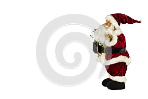 Santa Claus in a red suit and a large bag with gifts on a white background, kind of on the side