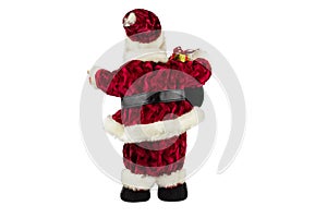 Santa Claus in a red suit and a large bag of gifts on a white background, the view from the back