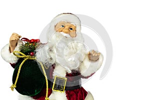 Santa Claus in a red suit and a large bag with gifts on a white background, the view from the front