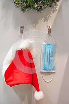 Santa Claus red and white hat and protective face mask