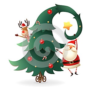 Santa Claus and Reindeer around the Christmas tree on transparent background. Scandinavian gnomes style. photo