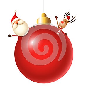 Santa Claus and reindeer behind red Christmas tree ball