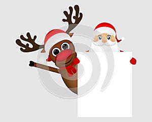 Santa Claus and reindeer with a blank white placard banner