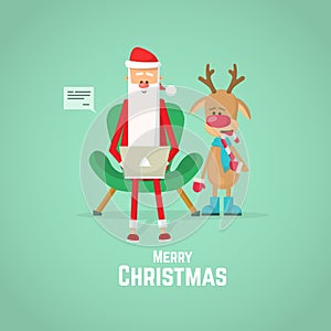 Santa Claus and reindeer checking mail on a laptop. Flat Vector Illustration.