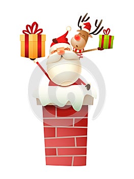 Santa Claus and Reindeer on the chimney with gifts vector illustration isolated on white background