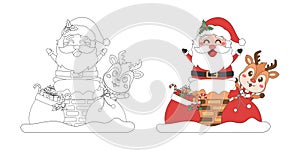 Santa Claus, reindeer with Christmas gift bag, Christmas theme line art doodle cartoon illustration