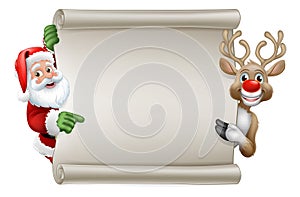 Santa Claus and Reindeer Christmas Scroll Sign