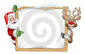 Santa Claus and Reindeer Christmas Sign Cartoon