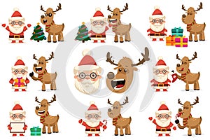 Santa Claus, reindeer, Christmas tree, gift box, lollipop vector cartoon set