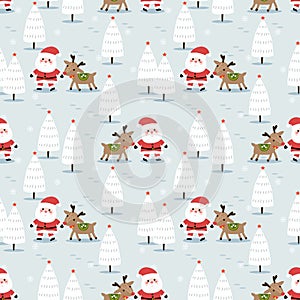 Santa Claus and Reindeer in Christmas Winter Seamless Pattern