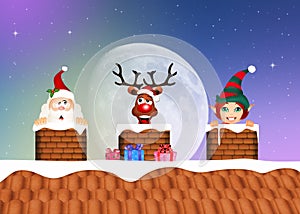 Santa Claus, reindeer and elf in the chimney