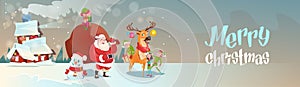 Santa Claus With Reindeer Elfs Gift Sack Coming To House Happy New Year Merry Christmas Banner