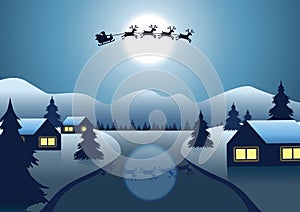 Santa Claus and reindeer fly over the village near river around