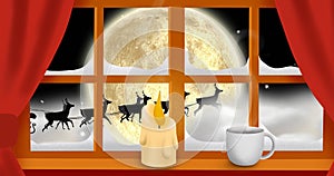 Santa claus and reindeer flying over moon, window view