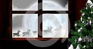 Santa claus and reindeer flying over moon, window view