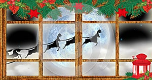 Santa claus and reindeer flying over moon, window view