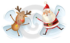 Santa Claus and Reindeer making Snow Angels - vector illustration isolated od transparent background
