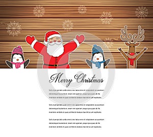 Santa Claus with Reindeer and Penguins. Cartoon character. Christmas card. Merry Christmas title written in blank space