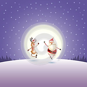 Santa Claus and Reindeer on purple night moonlight winter landscape - greeting card