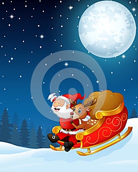 Santa claus and a reindeer riding his sleigh and carry huge sack in the night background