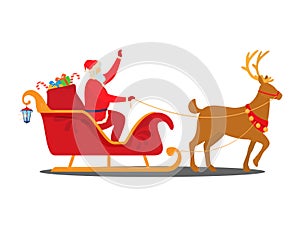 Santa Claus on reindeer sleg carries with gifts to children vector illustration, isolated on white background. Merry