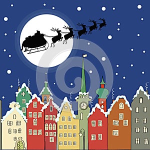 Santa Claus with reindeer sleigh through a Christmas night
