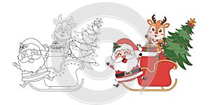 Santa Claus, Reindeer, Sleigh and Christmas tree, Christmas theme line art doodle cartoon illustration