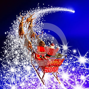 Santa Claus with Reindeer Sleigh Flying on a Falling Star - Blue photo