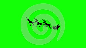 Santa Claus on a Reindeer Sleigh Flying on a Green Background, Silhouette animation with alpha channel
