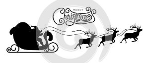 Santa Claus Reindeer Sleigh Silhouette with Merry Christmas Text Vector Illustration Isolated on White Background