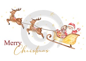 Watercolor card with santa claus in reindeer sleigh with stars i wish you a merry christmas