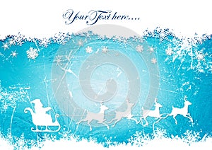 Santa Claus, reindeer, snowflakes on the ice pattern background