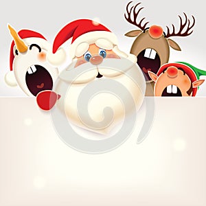 Santa Claus,Reindeer,Snowman and Elf with blank signboard isolated on a white background